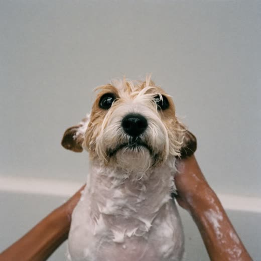 A small terrier mid-bath, coat wet and lathered