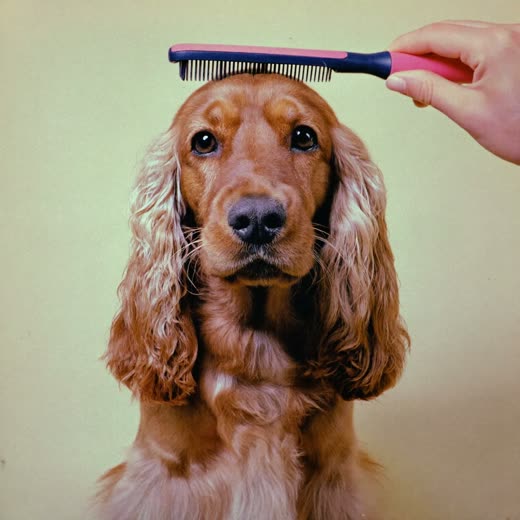 A spaniel having its coat scissor-trimmed, groomer's hands in frame